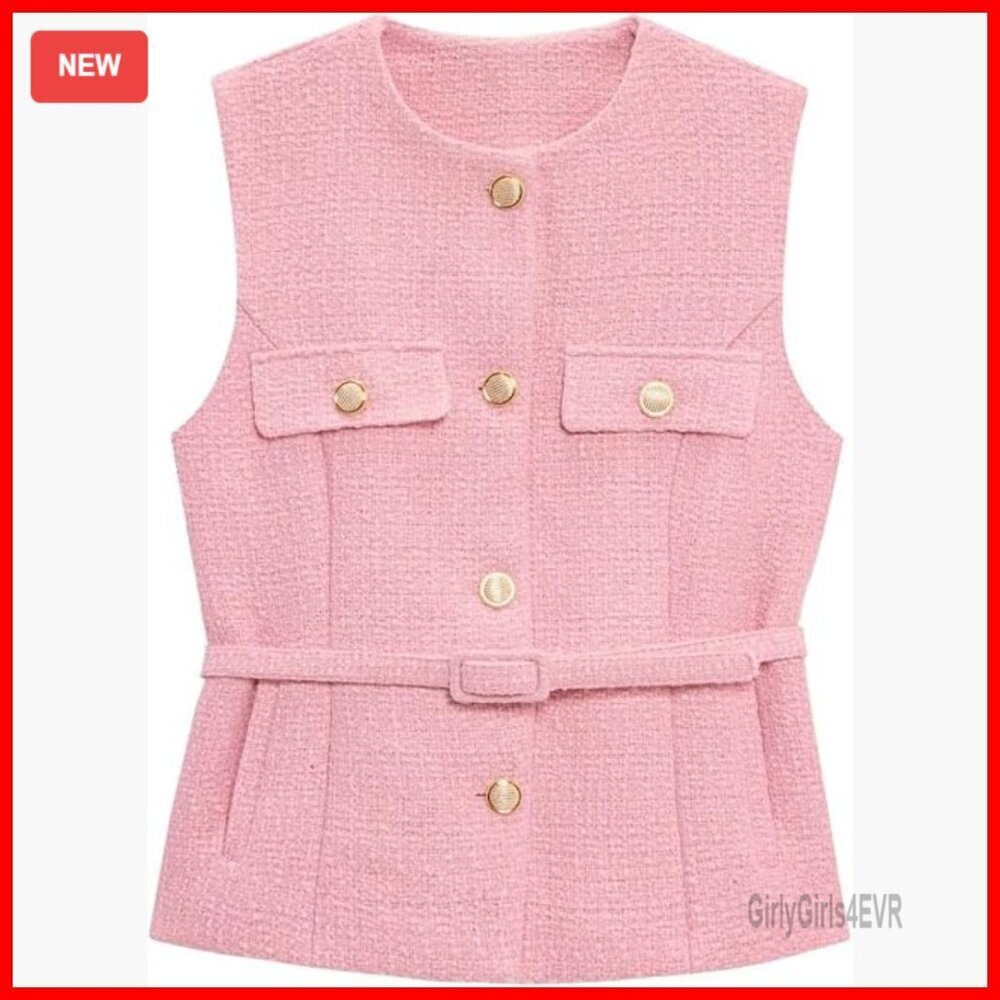 Tweed Blazer Vest Sleeveless Belted Tank Top with Pockets for Work